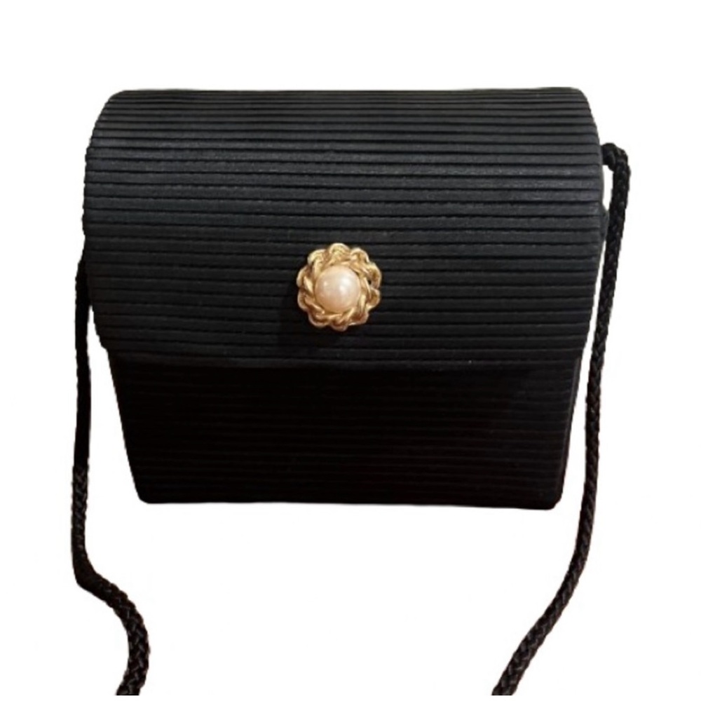 Black Satin Evening Bag with Pearl Detail Magnetic Closure.